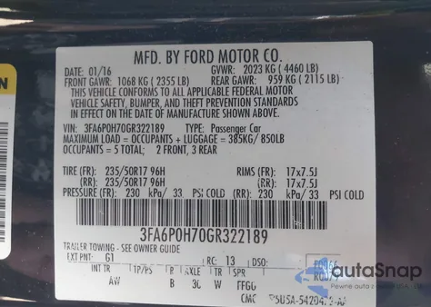 2016 Ford Fusion Se из США, поврежденный, VIN 3FA6P0H70GR322189